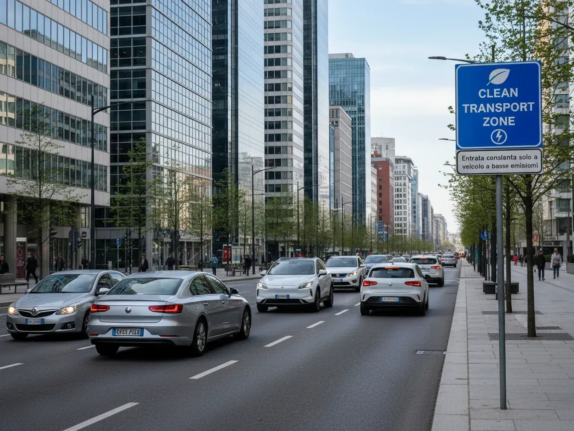 Realistyczne zdjęcie ruchu na europejskiej alei. Nowoczesne samochody i znak strefy czystego transportu w tle miasta.