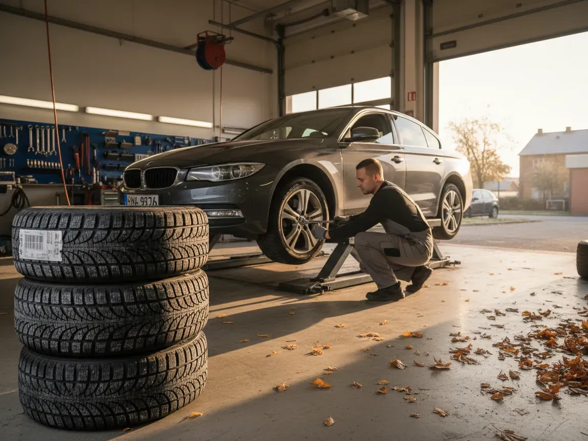 Fotografia warsztatu, mechanik montuje zimową oponę na samochodzie. Na pierwszym planie stos opon, jesienny klimat.